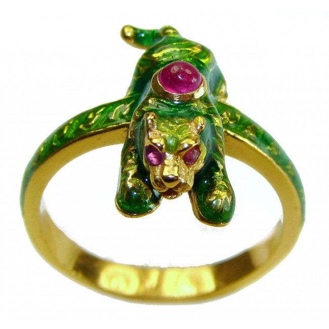 Green Panther 0.5 carat Ruby Enamel 18K Gold over .925 Sterling Silver handcrafted Ring s. 8 1/4