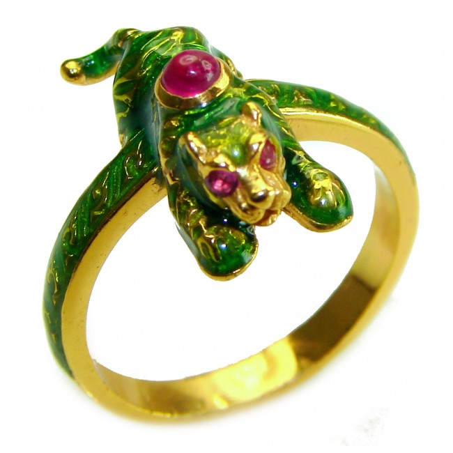 Green Panther 0.5 carat Ruby Enamel 18K Gold over .925 Sterling Silver handcrafted Ring s. 8 1/4