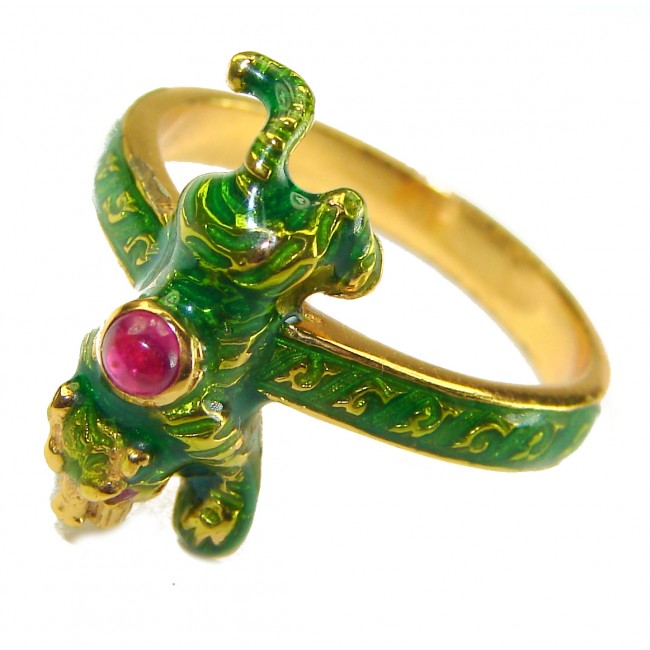 Green Panther 0.5 carat Ruby Enamel 18K Gold over .925 Sterling Silver handcrafted Ring s. 8 1/4