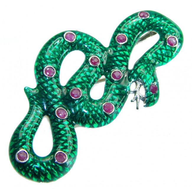 INCREDIBLE Natural Emerald Enamel Green Snake 0.8 carat Ruby 18K Gold over .925 Sterling Silver Pendant Brooch