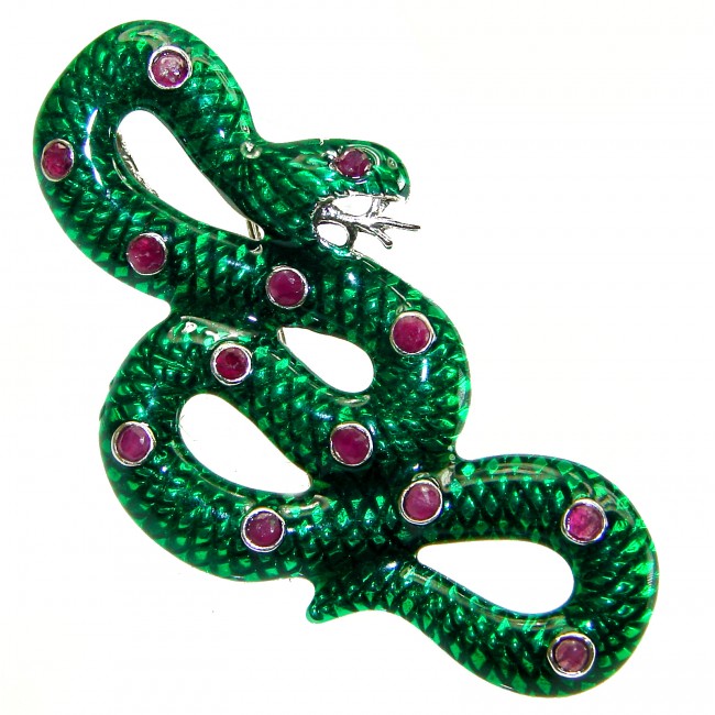 INCREDIBLE Natural Emerald Enamel Green Snake 0.8 carat Ruby 18K Gold over .925 Sterling Silver Pendant Brooch