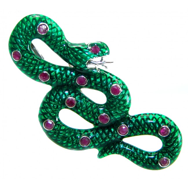 INCREDIBLE Natural Emerald Enamel Green Snake 0.8 carat Ruby 18K Gold over .925 Sterling Silver Pendant Brooch