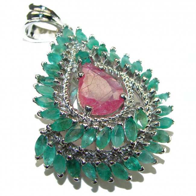 Precious Genuine 18.5 carat Emerald Ruby .925 Sterling Silver handmade Pendant