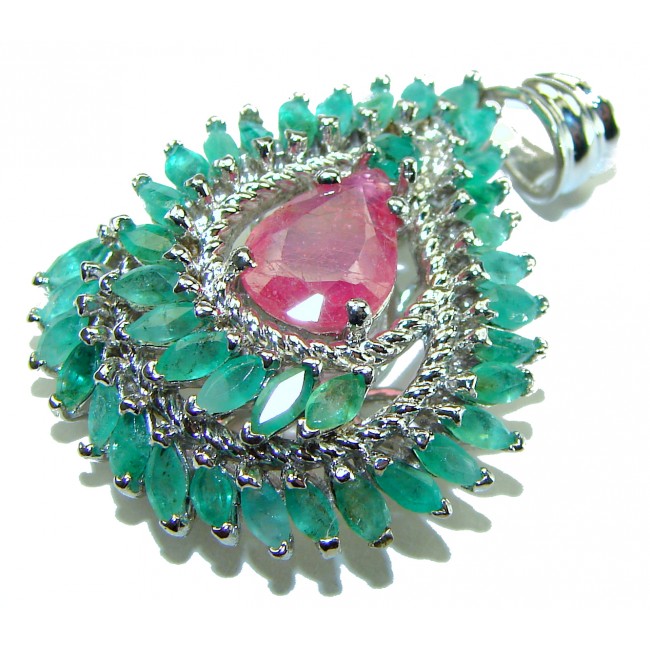 Precious Genuine 18.5 carat Emerald Ruby .925 Sterling Silver handmade Pendant