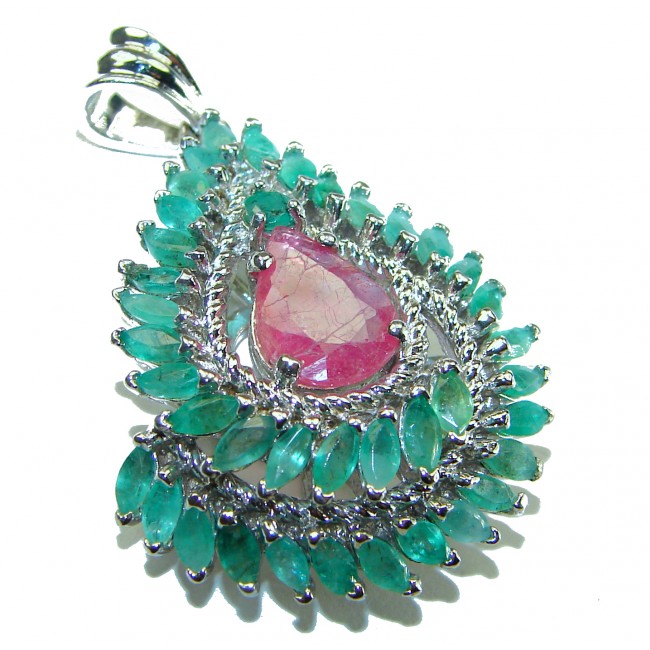 Precious Genuine 18.5 carat Emerald Ruby .925 Sterling Silver handmade Pendant