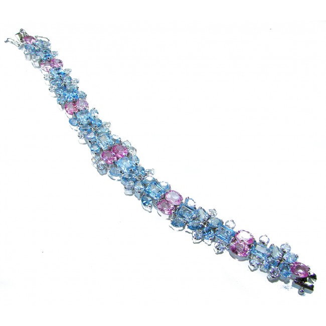 Seaside 185.5 carat Swiss Blue Topaz Pink Sapphire .925 Sterling Silver handmade Large Statement Bracelet