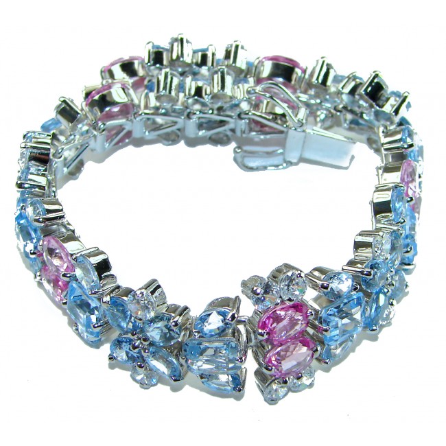 Seaside 185.5 carat Swiss Blue Topaz Pink Sapphire .925 Sterling Silver handmade Large Statement Bracelet