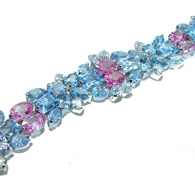 Seaside 185.5 carat Swiss Blue Topaz Pink Sapphire .925 Sterling Silver handmade Large Statement Bracelet