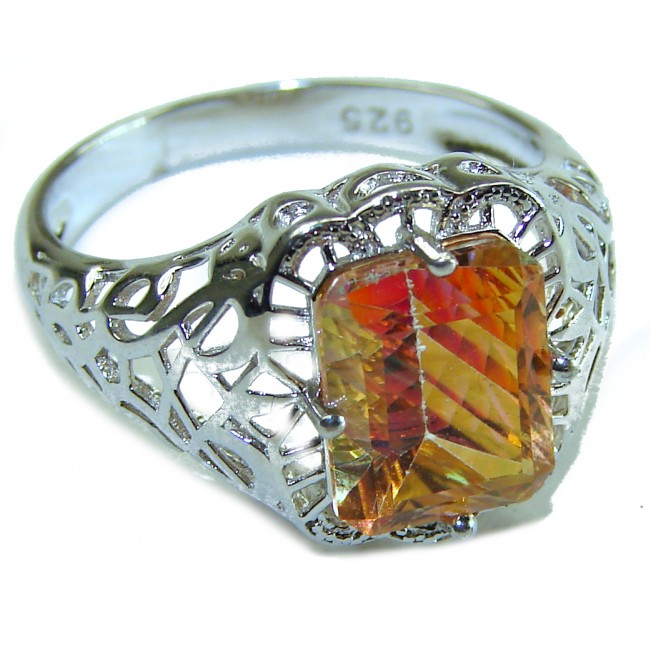 Bali made emerald cut 8.2 carat Orange Power Golden Topaz .925 Sterling Silver handcrafted ring; s. 8