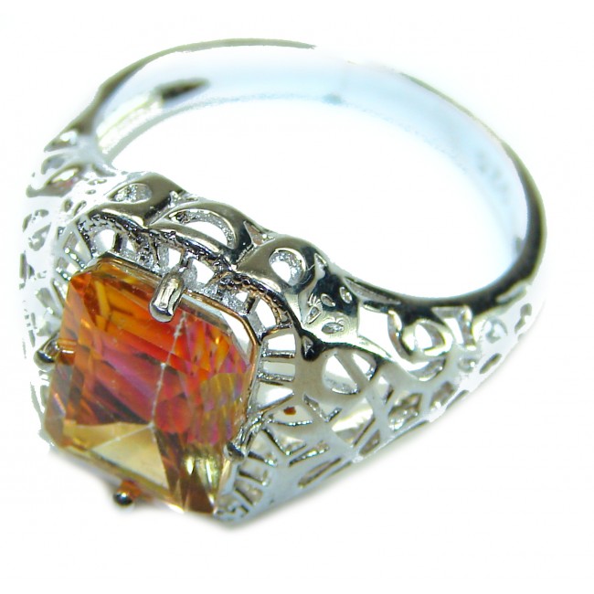 Bali made emerald cut 8.2 carat Orange Power Golden Topaz .925 Sterling Silver handcrafted ring; s. 8