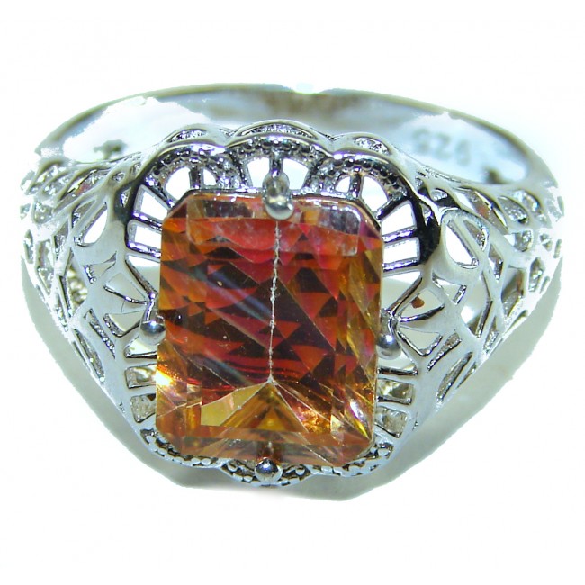 Bali made emerald cut 8.2 carat Orange Power Golden Topaz .925 Sterling Silver handcrafted ring; s. 8