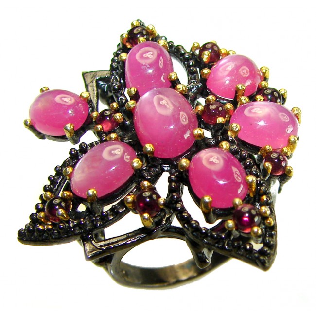 Scarlet Starlight Authentic Star Ruby 14K Gold over BLACK RHODIUM OVER .925 Sterling Silver handcrafted ring size 7