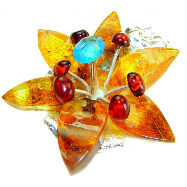 Magical Fern Flower Natural Baltic Amber Paraiba Tourmaline .925 Sterling Silver handmade Large STATEMENT Pendant