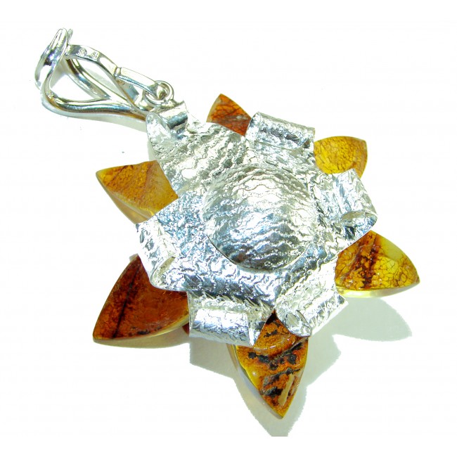 Magical Fern Flower Natural Baltic Amber Paraiba Tourmaline .925 Sterling Silver handmade Large STATEMENT Pendant