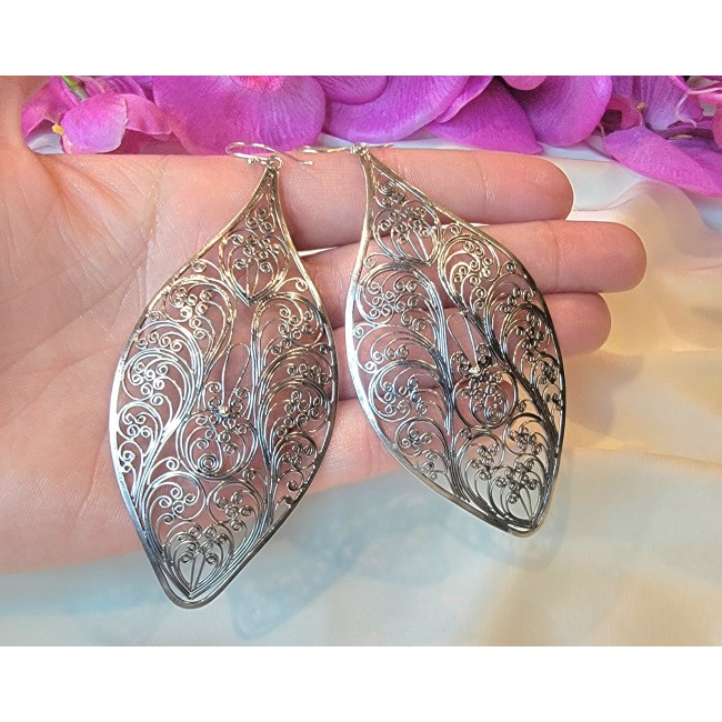 4 1/4 inches long - Free Spirit bohemian Style .925 Sterling Silver handmade Bali made Oversized Earrings