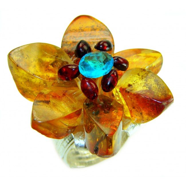 Magical Fern Flower Natural Baltic Amber Paraiba Tourmaline .925 Sterling Silver handmade Large STATEMENT ring; s. 7 adjustable