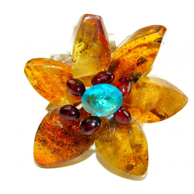 Magical Fern Flower Natural Baltic Amber Paraiba Tourmaline .925 Sterling Silver handmade Large STATEMENT ring; s. 7 adjustable