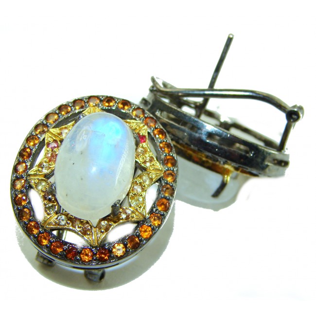 Rainbow Moonstone Genuine 10.2 carat Fire Moonstone orange Sapphire .925 Silver handcrafted earrings