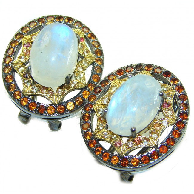 Rainbow Moonstone Genuine 10.2 carat Fire Moonstone orange Sapphire .925 Silver handcrafted earrings