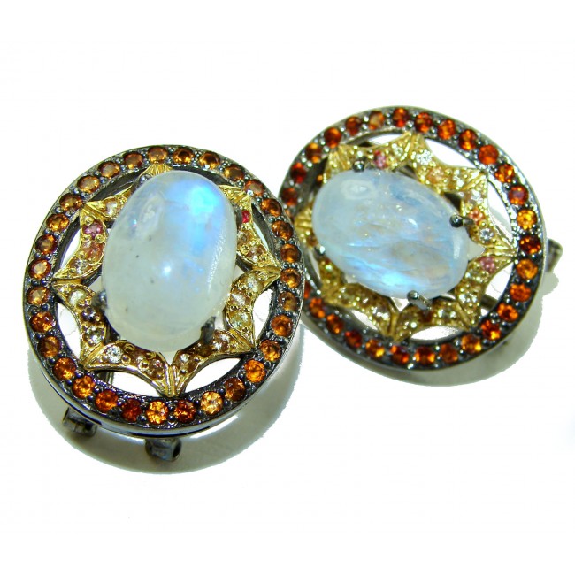 Rainbow Moonstone Genuine 10.2 carat Fire Moonstone orange Sapphire .925 Silver handcrafted earrings