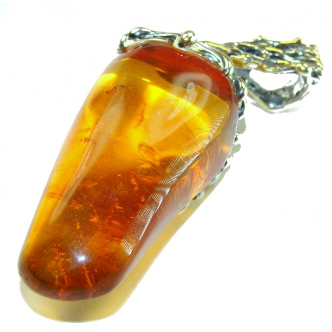 Large King of the Sea Golden Baltic Amber 2 tones .925 Sterling Silver handmade Pendant