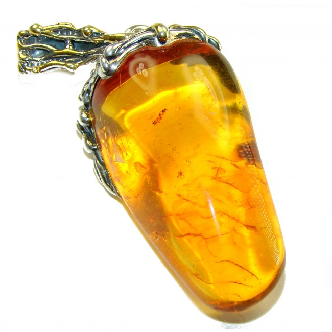 Large King of the Sea Golden Baltic Amber 2 tones .925 Sterling Silver handmade Pendant