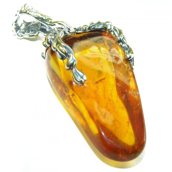 Large King of the Sea Golden Baltic Amber 2 tones .925 Sterling Silver handmade Pendant