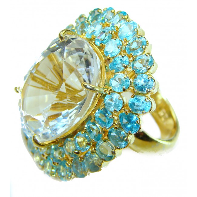 An exuberantly Large - Vintage style- 28.9 carat White Topaz 14K Gold over .925 Sterling Silver handmade Statement Ring size 7 3/4