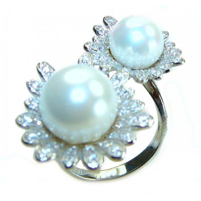 Luxurious 2 Pearls 0.7 carat lab. grown diamonds .925 Sterling Silver brilliantly handcrafted ring s. 8 1/4