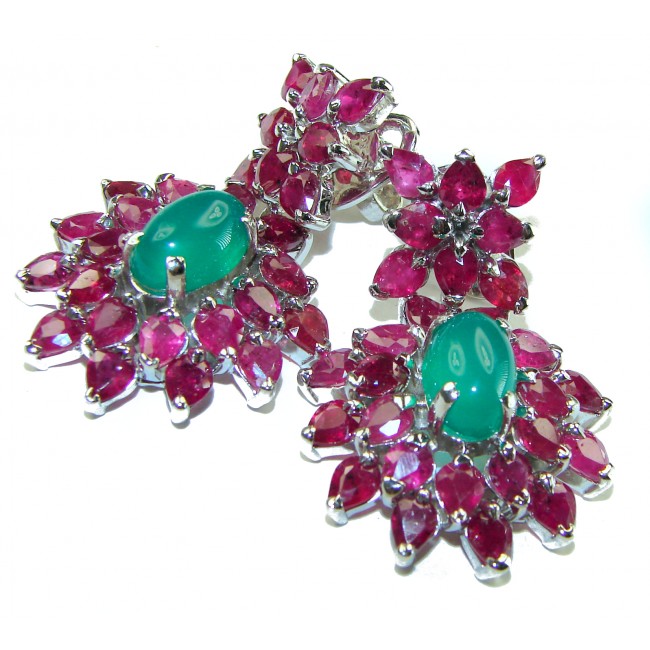 Victorian Style - Very Unique- 28.5 carat Green Jade Ruby .925 Sterling Silver handcrafted earrings