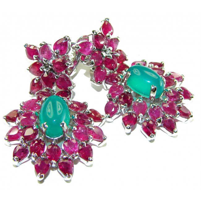 Victorian Style - Very Unique- 28.5 carat Green Jade Ruby .925 Sterling Silver handcrafted earrings