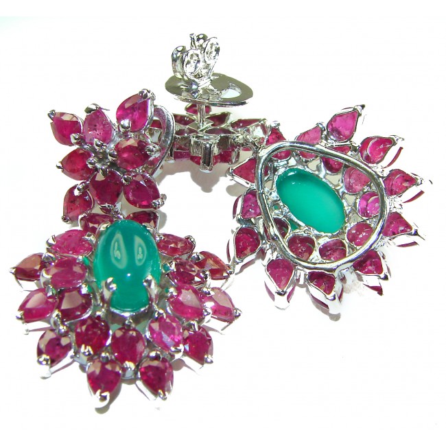 Victorian Style - Very Unique- 28.5 carat Green Jade Ruby .925 Sterling Silver handcrafted earrings