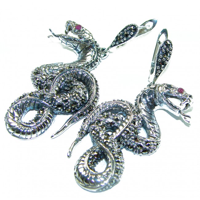 Snakes Ruby Marcasite .925 Sterling Silver handcrafted Earrings