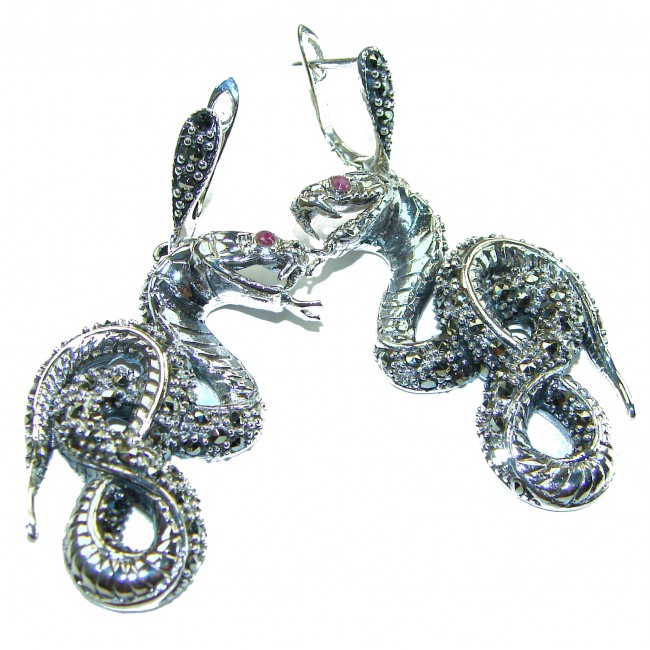 Snakes Ruby Marcasite .925 Sterling Silver handcrafted Earrings