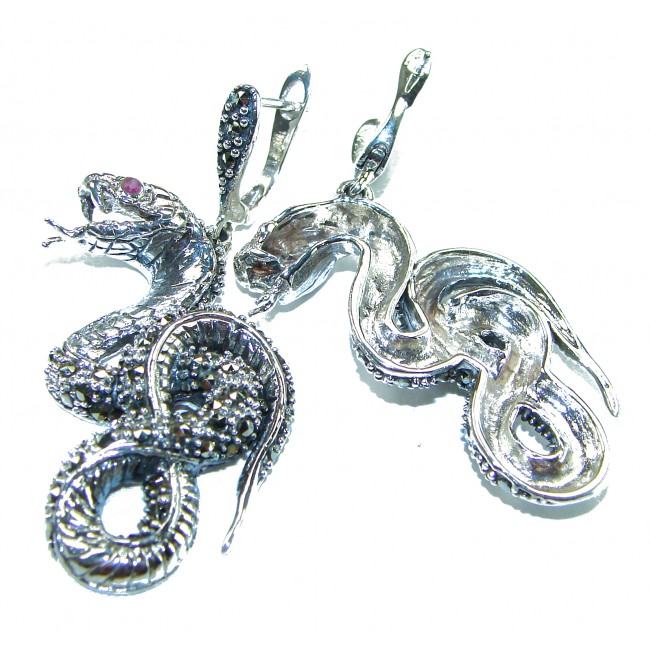 Snakes Ruby Marcasite .925 Sterling Silver handcrafted Earrings