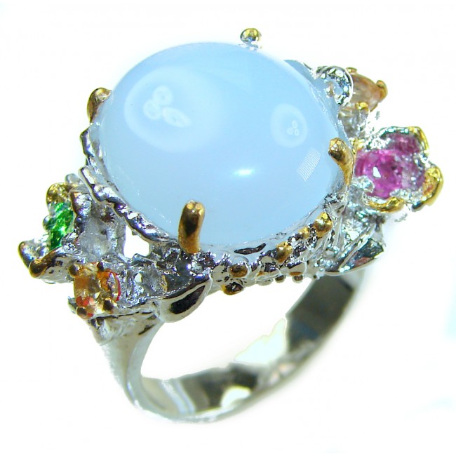 Angel 12.2 carat Blue Chalcedony Agate .925 Sterling Silver handcrafted Ring s. 8