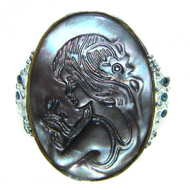 Vintage design Genuine Cameo Rainbow Abalone .925 Sterling Silver handcrafted Large ring; s. 8 1/4