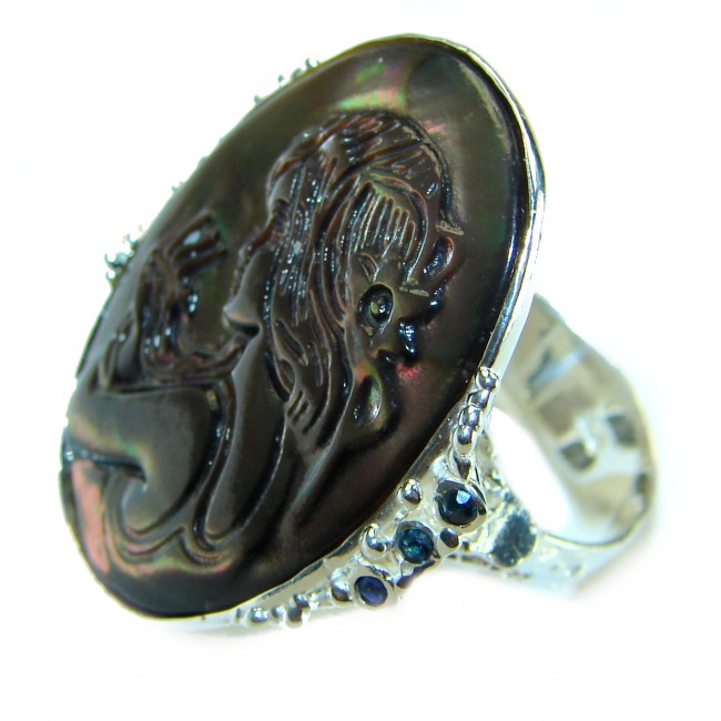 Vintage design Genuine Cameo Rainbow Abalone .925 Sterling Silver handcrafted Large ring; s. 8 1/4