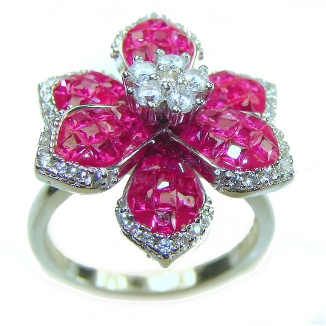 Luxurious Flower 16.5 carat natural Ruby .925 Sterling Silver handcrafted Ring size 6