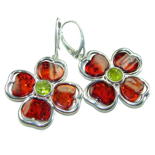 Lucky Four-leaf clover Baltic Polish Amber Peridot .925 Sterling Silver handcrafted Earrings