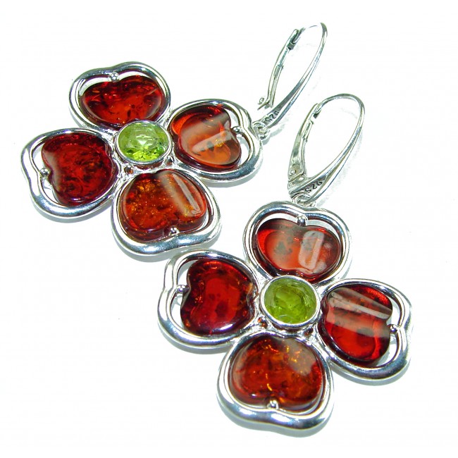 Lucky Four-leaf clover Baltic Polish Amber Peridot .925 Sterling Silver handcrafted Earrings