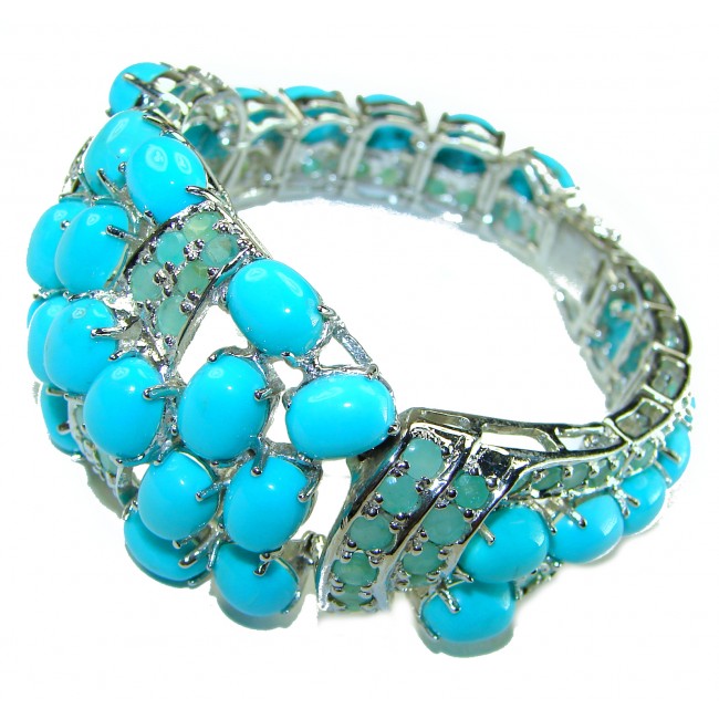 121.5 carat Sleeping Beauty Turquoise and Emerald .925 Sterling Silver handcrafted bracelet