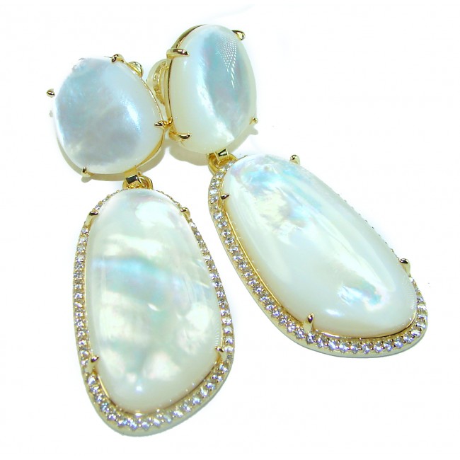 Genuine Blister Pearl 0.3 carat lab grown Diamond 18K Gold over .925 Sterling Silver handcrafted Statement Earrings