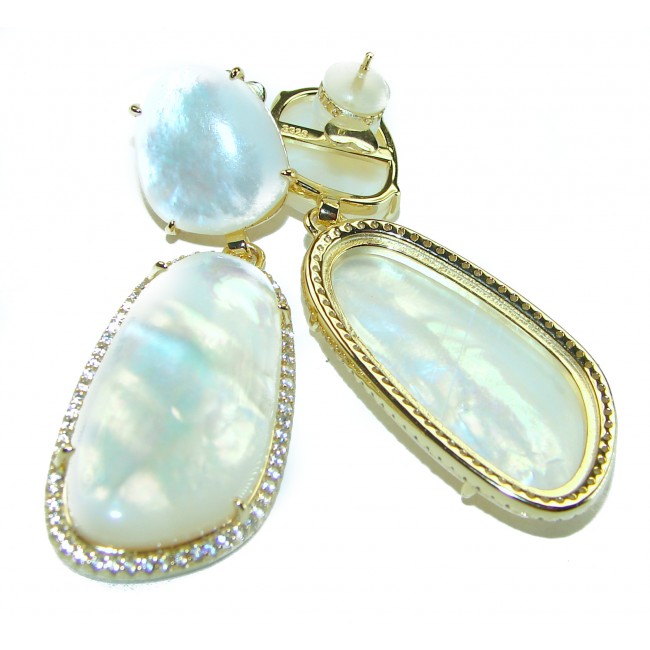 Genuine Blister Pearl 0.3 carat lab grown Diamond 18K Gold over .925 Sterling Silver handcrafted Statement Earrings