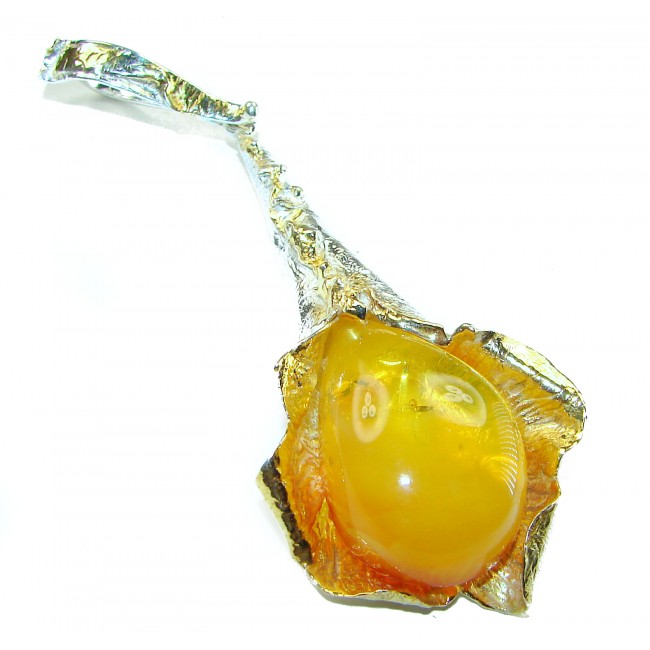 Large Honay Drop authentic Baltic Amber 2 tones .925 Sterling Silver handmade Pendant