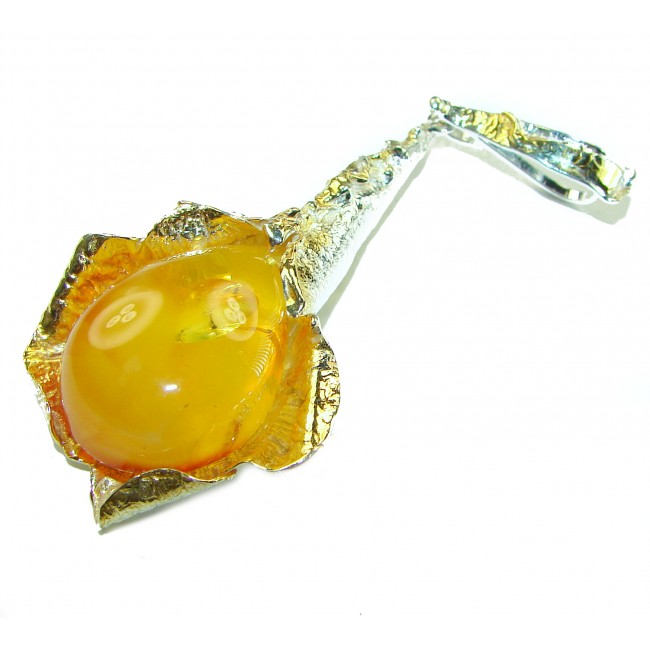 Large Honay Drop authentic Baltic Amber 2 tones .925 Sterling Silver handmade Pendant