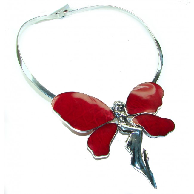 Oversized Fairy Natural inlay Coral .925 Sterling Silver handmade necklace