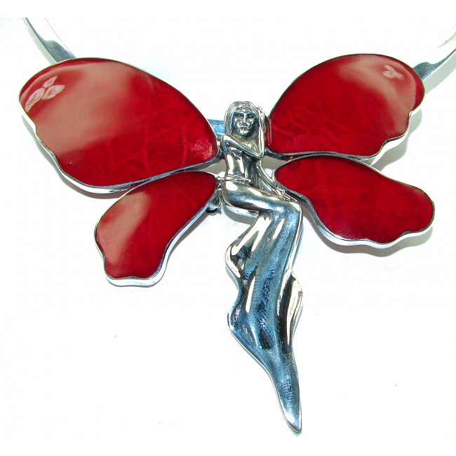 Oversized Fairy Natural inlay Coral .925 Sterling Silver handmade necklace