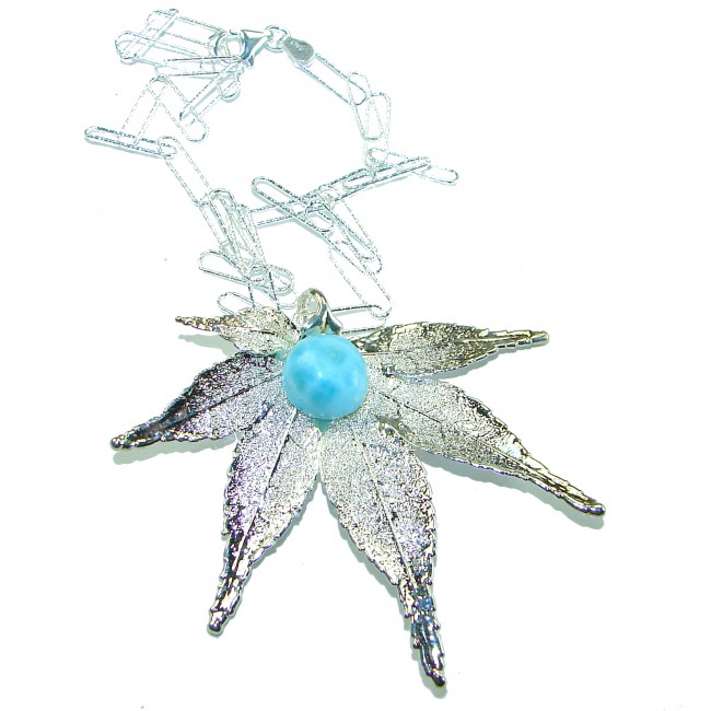 Beautiful Nature 5.2 carat Larimar Real Leaf dipped in Real .925 Sterling silver handcrafted necklace