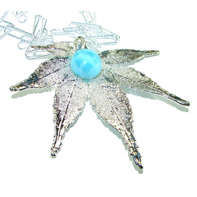 Beautiful Nature 5.2 carat Larimar Real Leaf dipped in Real .925 Sterling silver handcrafted necklace